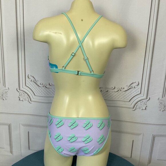Undercurrent 2 Piece Triangle Top Swimsuit Purple Green Flip Flops Juniors Med - Picture 5 of 8